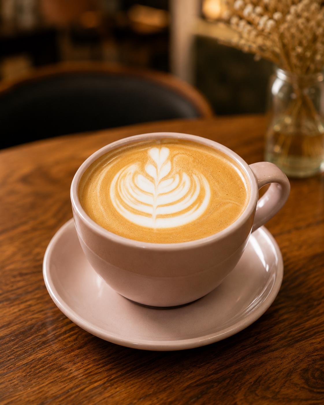 A Spanish latte in a glass with layered espresso and milk
